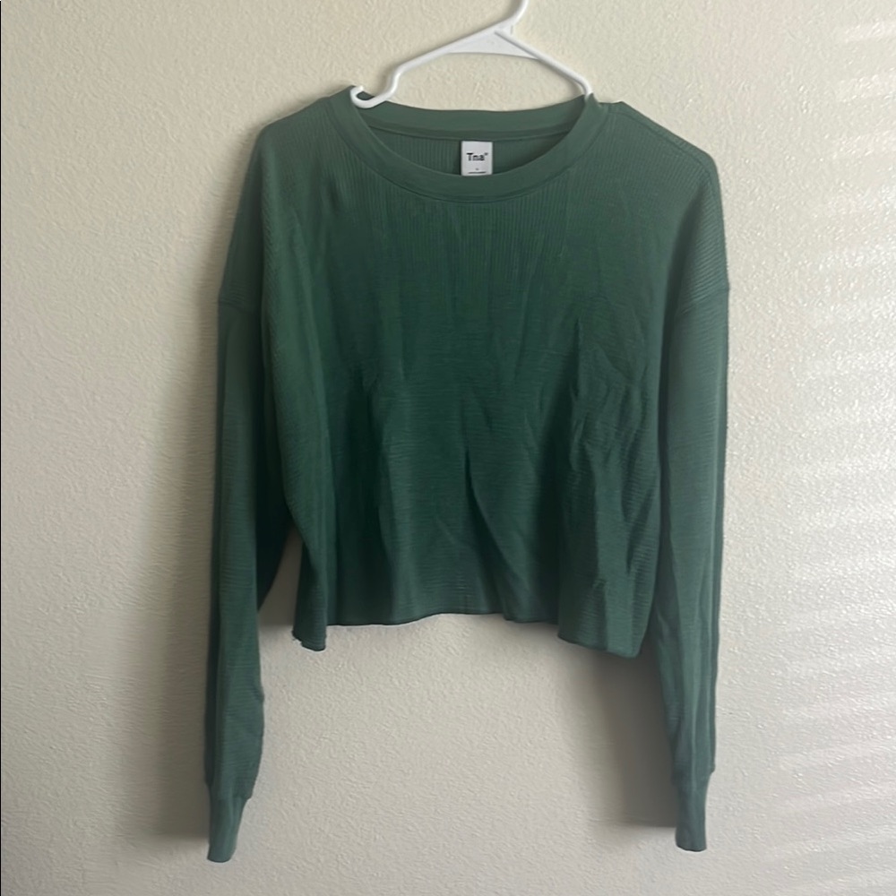 TNA Green Cropped Waffle-knit Shirt